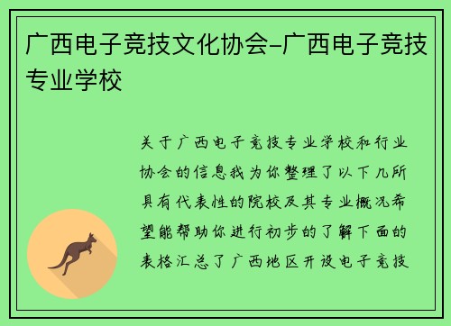 广西电子竞技文化协会-广西电子竞技专业学校